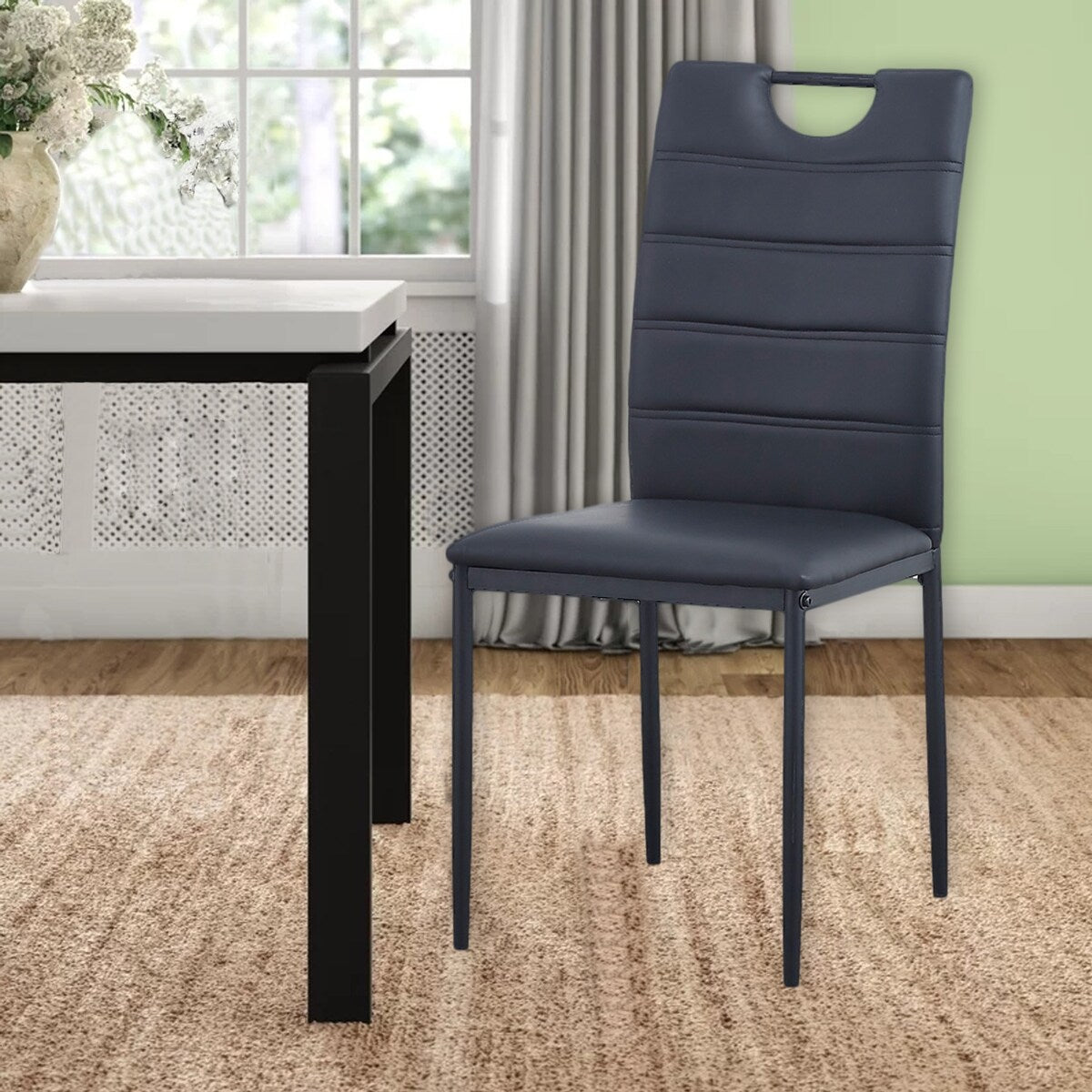 A Set of 4 Leather Dining Chairs with Cushion and High Back(Black) - N/A