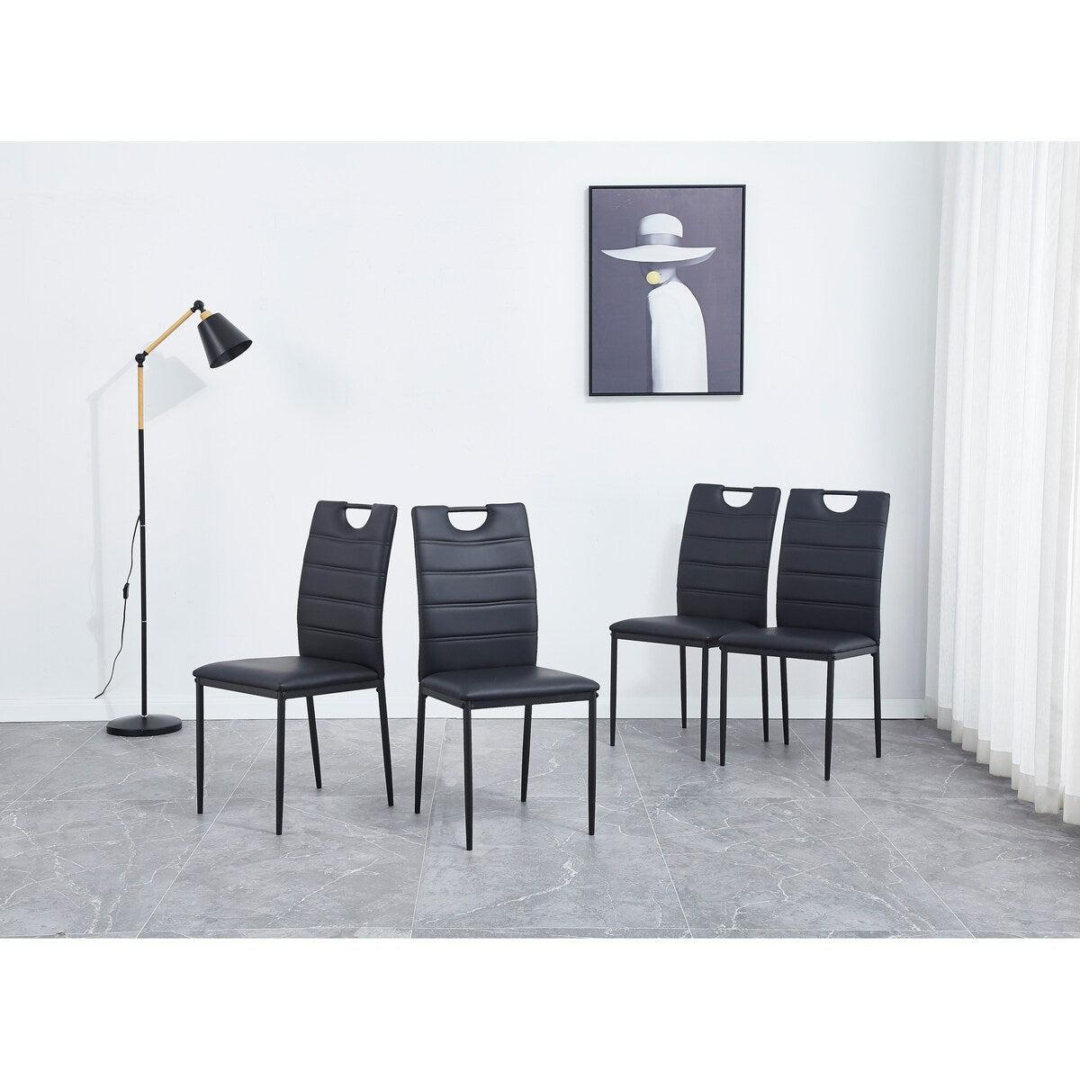 A Set of 4 Leather Dining Chairs with Cushion and High Back(Black) - N/A
