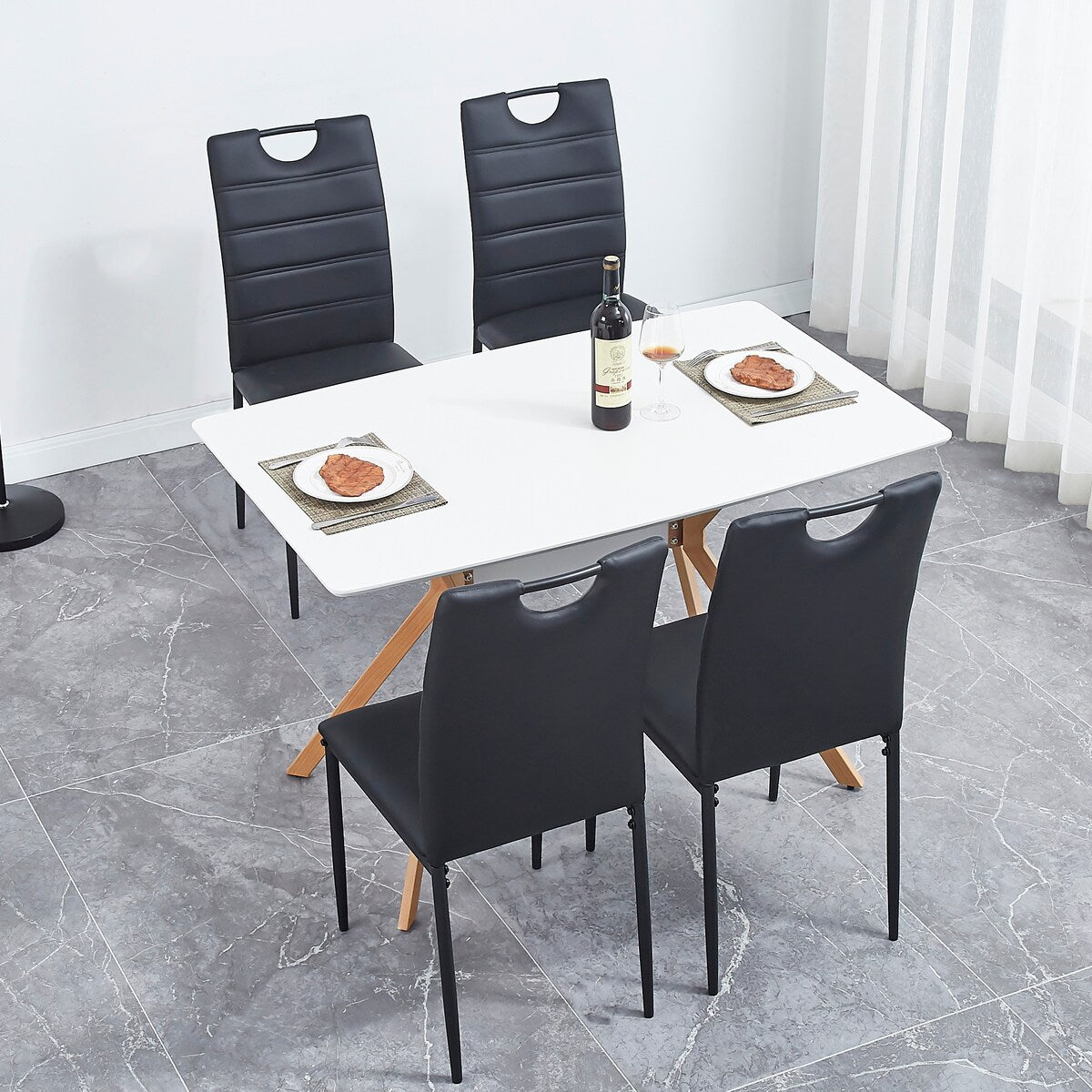 A Set of 4 Leather Dining Chairs with Cushion and High Back(Black) - N/A