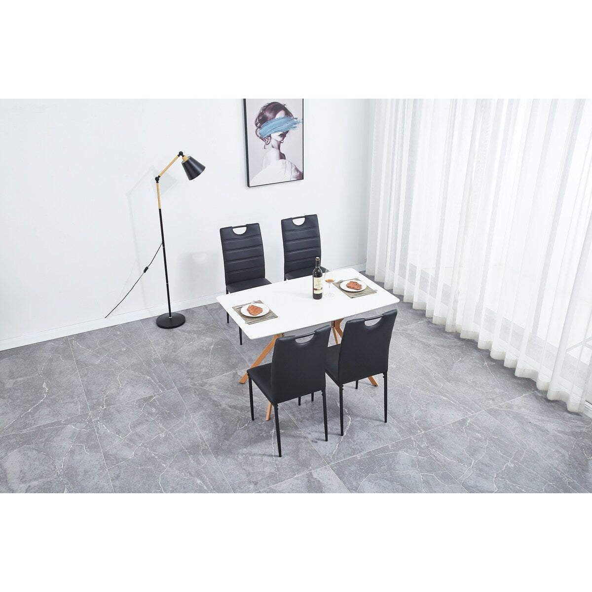 A Set of 4 Leather Dining Chairs with Cushion and High Back(Black) - N/A