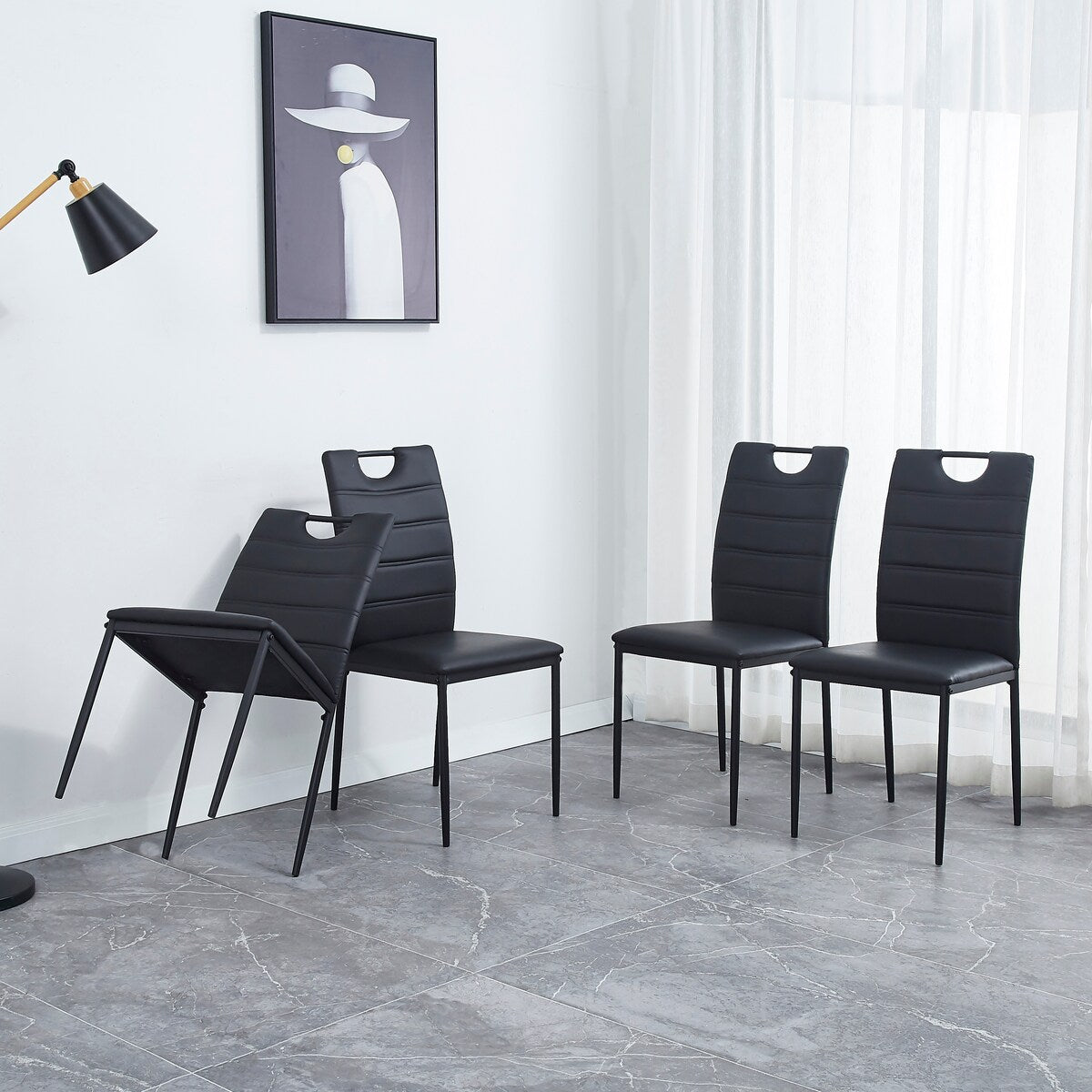 A Set of 4 Leather Dining Chairs with Cushion and High Back(Black) - N/A
