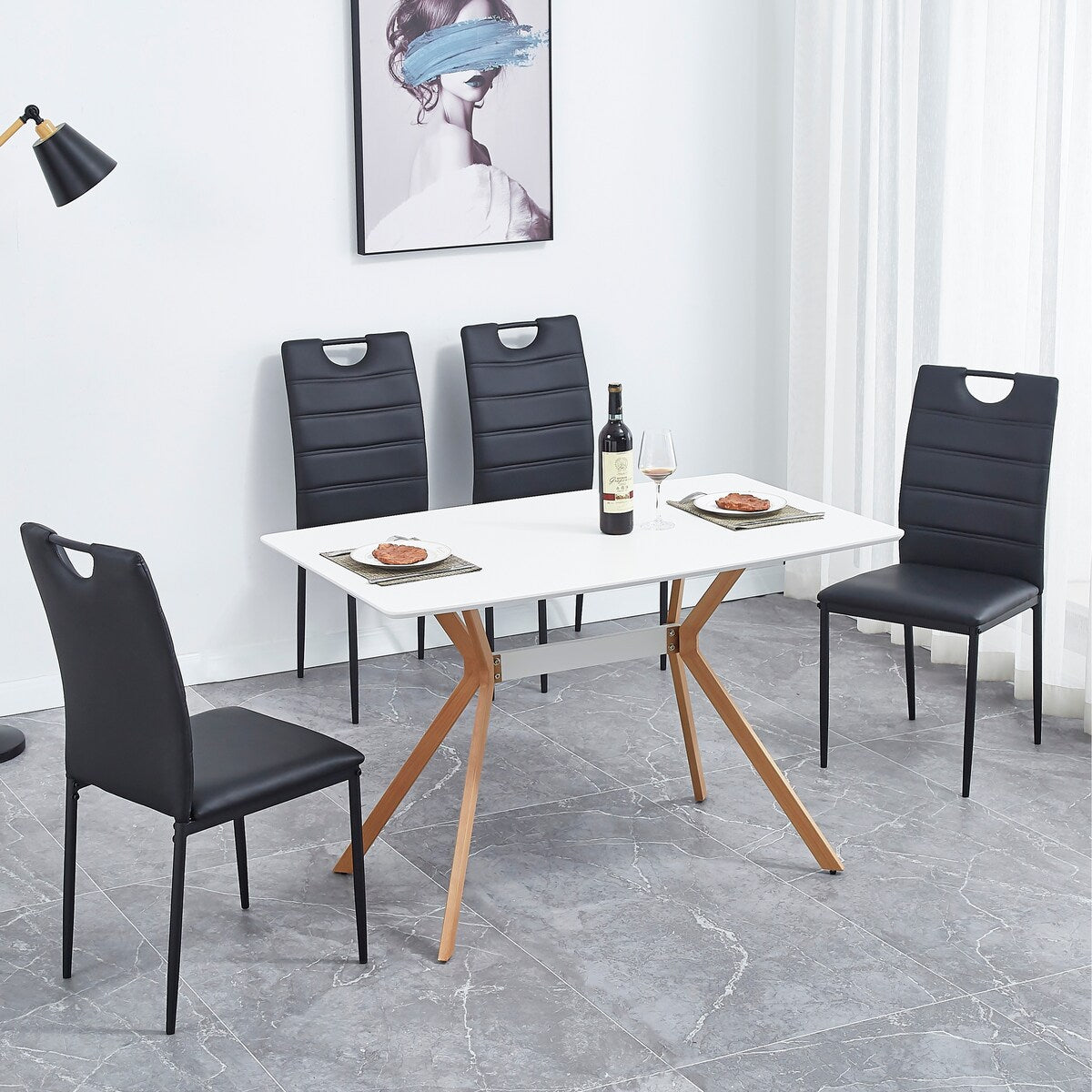 A Set of 4 Leather Dining Chairs with Cushion and High Back(Black) - N/A