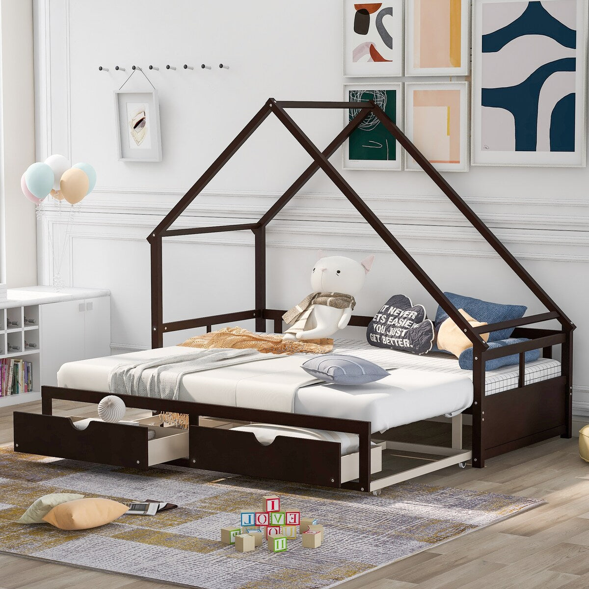 A Wooden Retractable Daybed With Two Storage Drawers Adds A Decorative Touch To The Modern Design And Clean Shape.