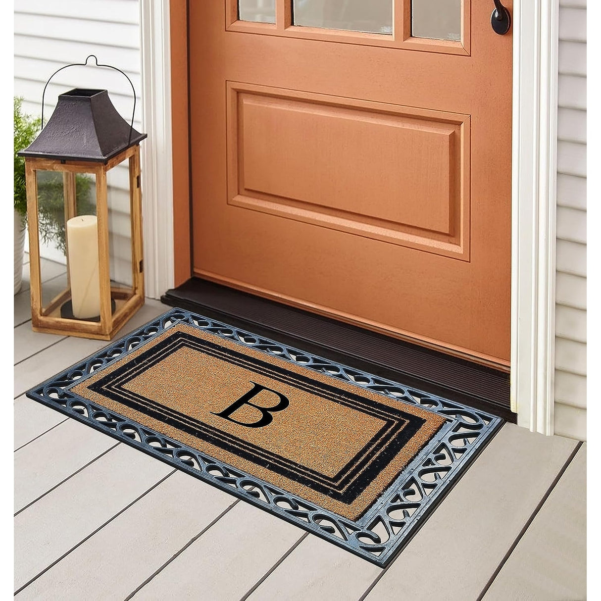 A1HC Natural Coir & Rubber Monogrammed Entrance Door Mats, Non-Slip, Flock Doormat, Thin-Profile Indoor Outdoor Doormat 24"x36"