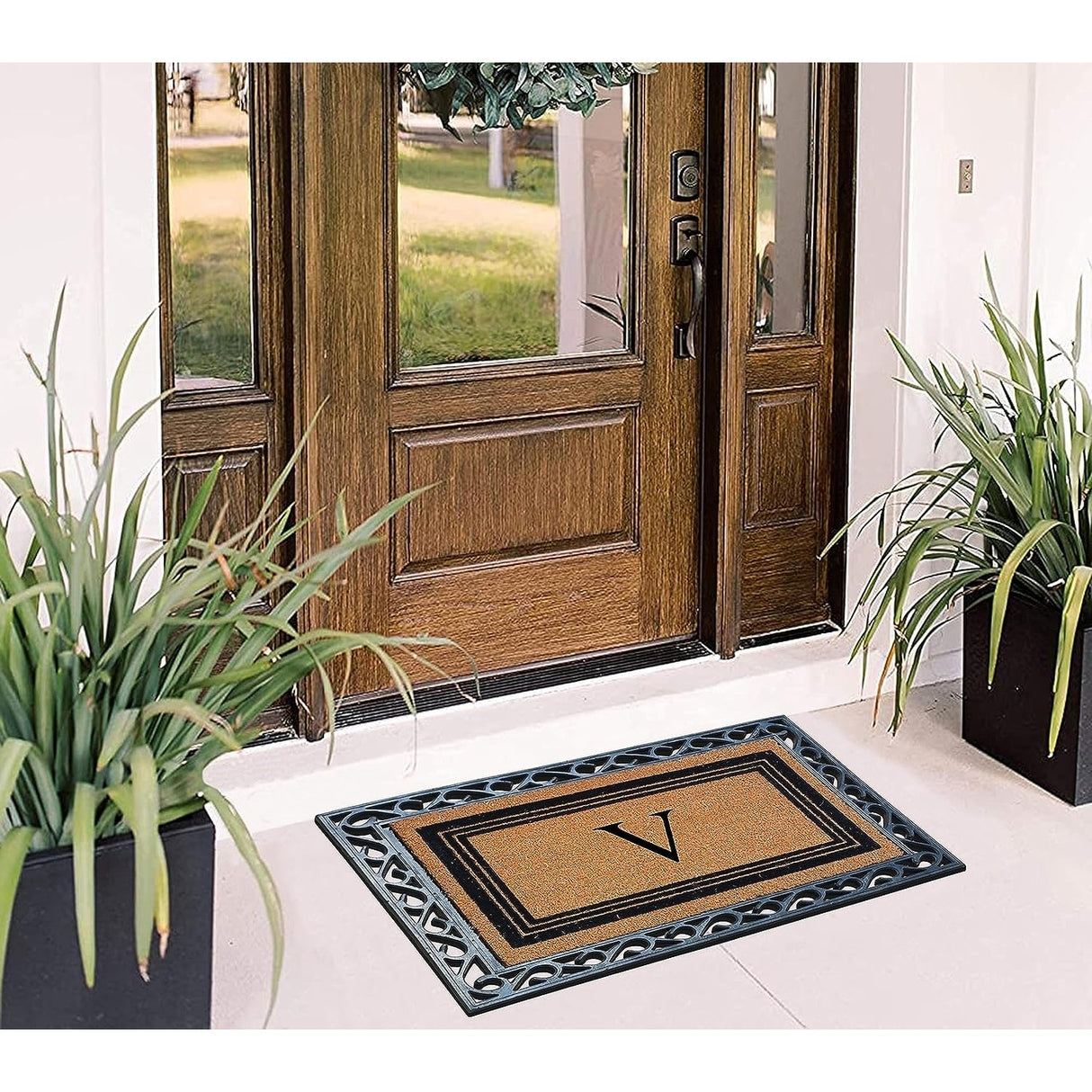 A1HC Natural Coir & Rubber Monogrammed Entrance Door Mats, Non-Slip, Flock Doormat, Thin-Profile Indoor Outdoor Doormat 24"x36"