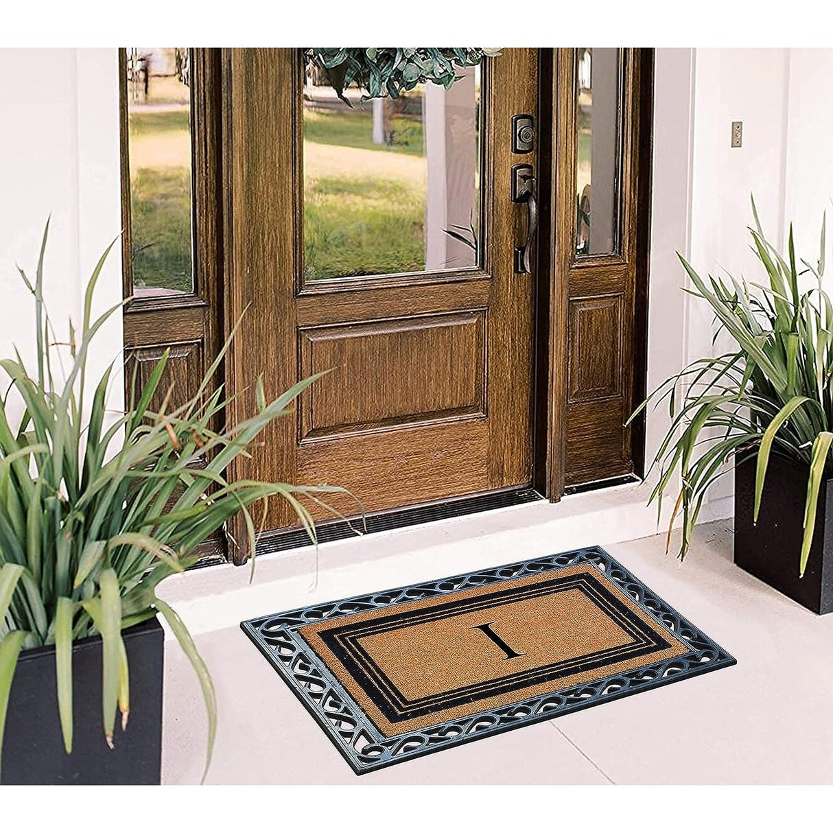 A1HC Natural Coir & Rubber Monogrammed Entrance Door Mats, Non-Slip, Flock Doormat, Thin-Profile Indoor Outdoor Doormat 24"x36"