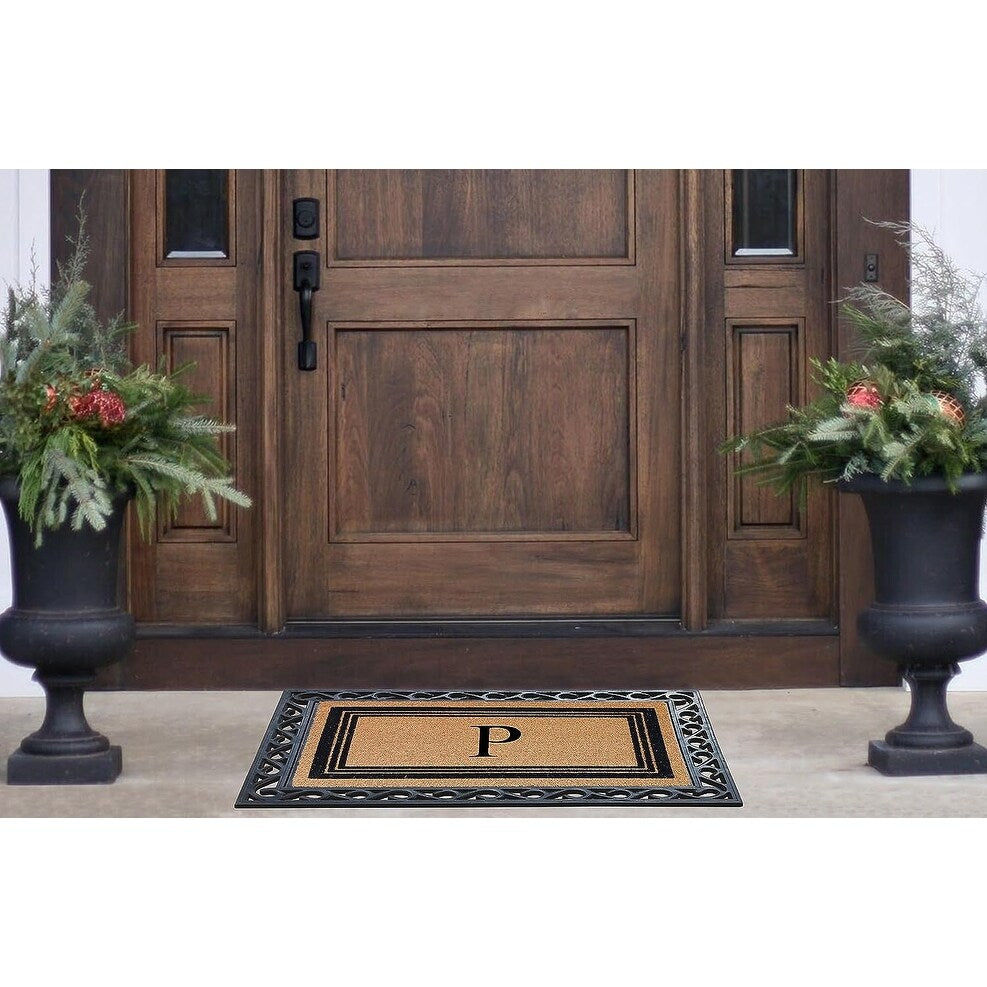 A1HC Natural Coir & Rubber Monogrammed Entrance Door Mats, Non-Slip, Flock Doormat, Thin-Profile Indoor Outdoor Doormat 24"x36"