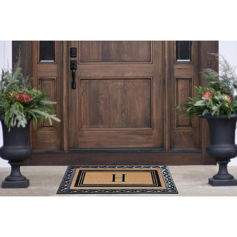 A1HC Natural Coir & Rubber Monogrammed Entrance Door Mats, Non-Slip, Flock Doormat, Thin-Profile Indoor Outdoor Doormat 24"x36"