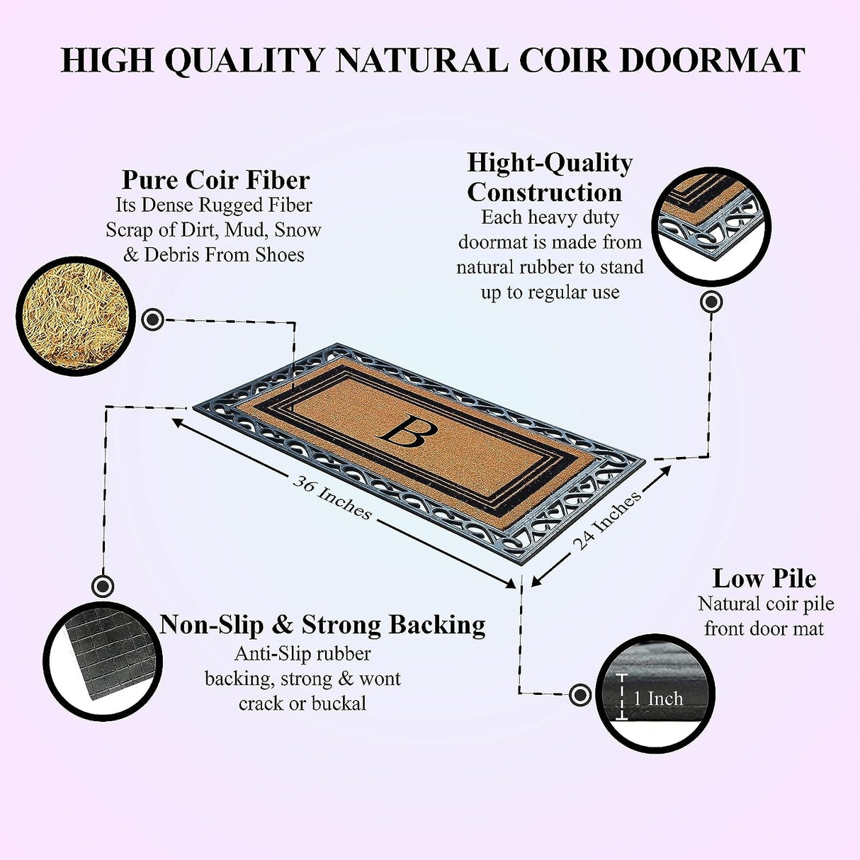 A1HC Natural Coir & Rubber Monogrammed Entrance Door Mats, Non-Slip, Flock Doormat, Thin-Profile Indoor Outdoor Doormat 24"x36"