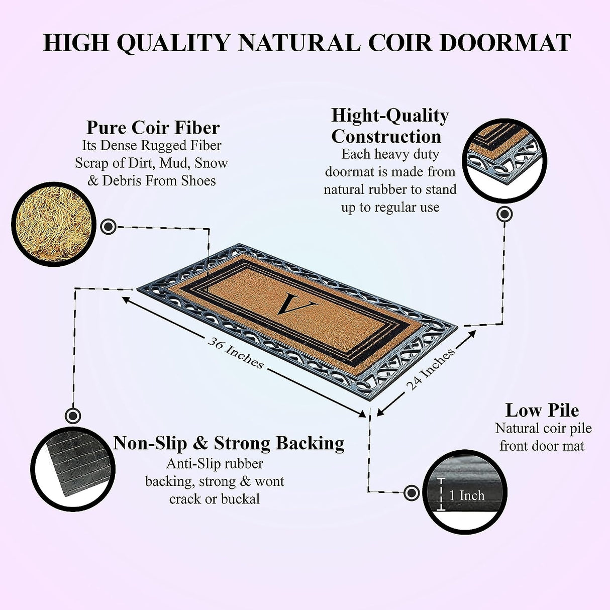 A1HC Natural Coir & Rubber Monogrammed Entrance Door Mats, Non-Slip, Flock Doormat, Thin-Profile Indoor Outdoor Doormat 24"x36"