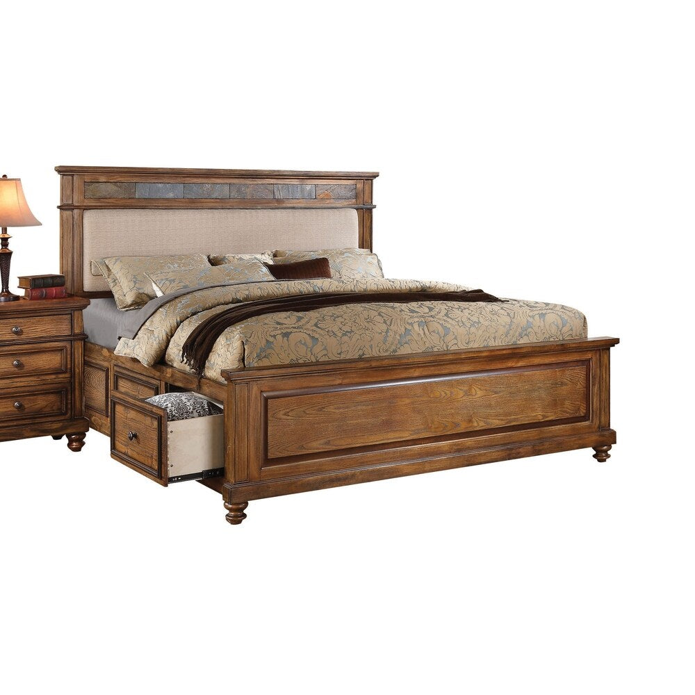 ACME Arielle Eastern King Bed w/Storage, Cream Linen, Slate & Oak (1Set/3Ctn)