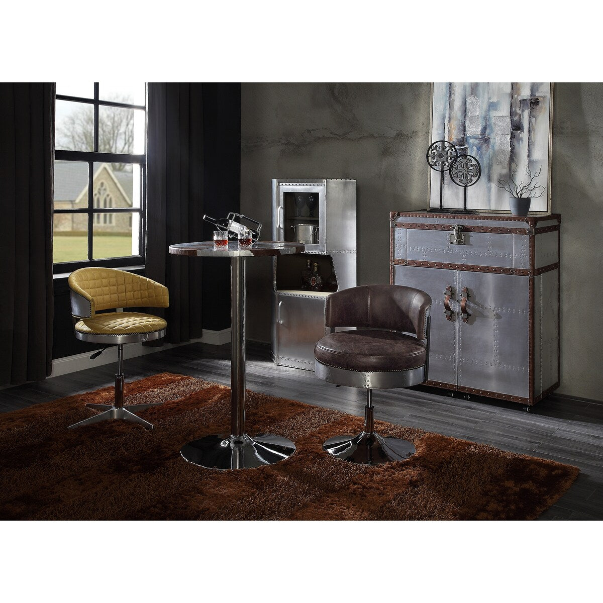 ACME Brancaster Rectangular Console Table in Retro Brown and Aluminum