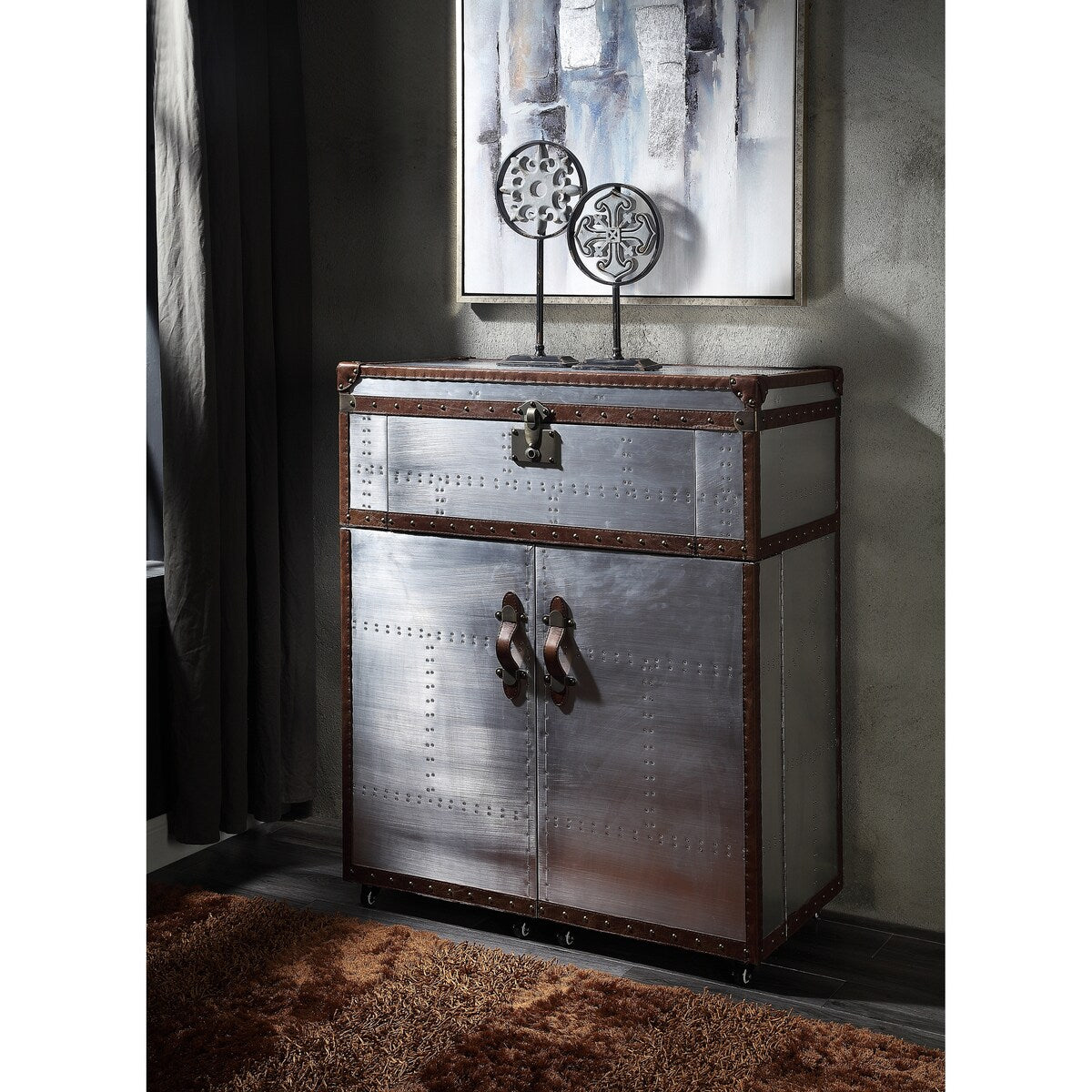 ACME Brancaster Rectangular Console Table in Retro Brown and Aluminum