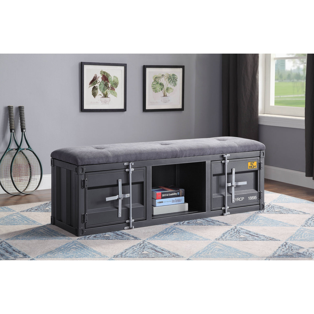ACME Cargo Storage Bench in Gray Fabric & Gunmetal