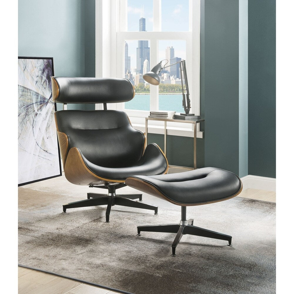 ACME Herne 2 Pieces Pack Chair and Ottoman, Black Bonded Leather and Walnut