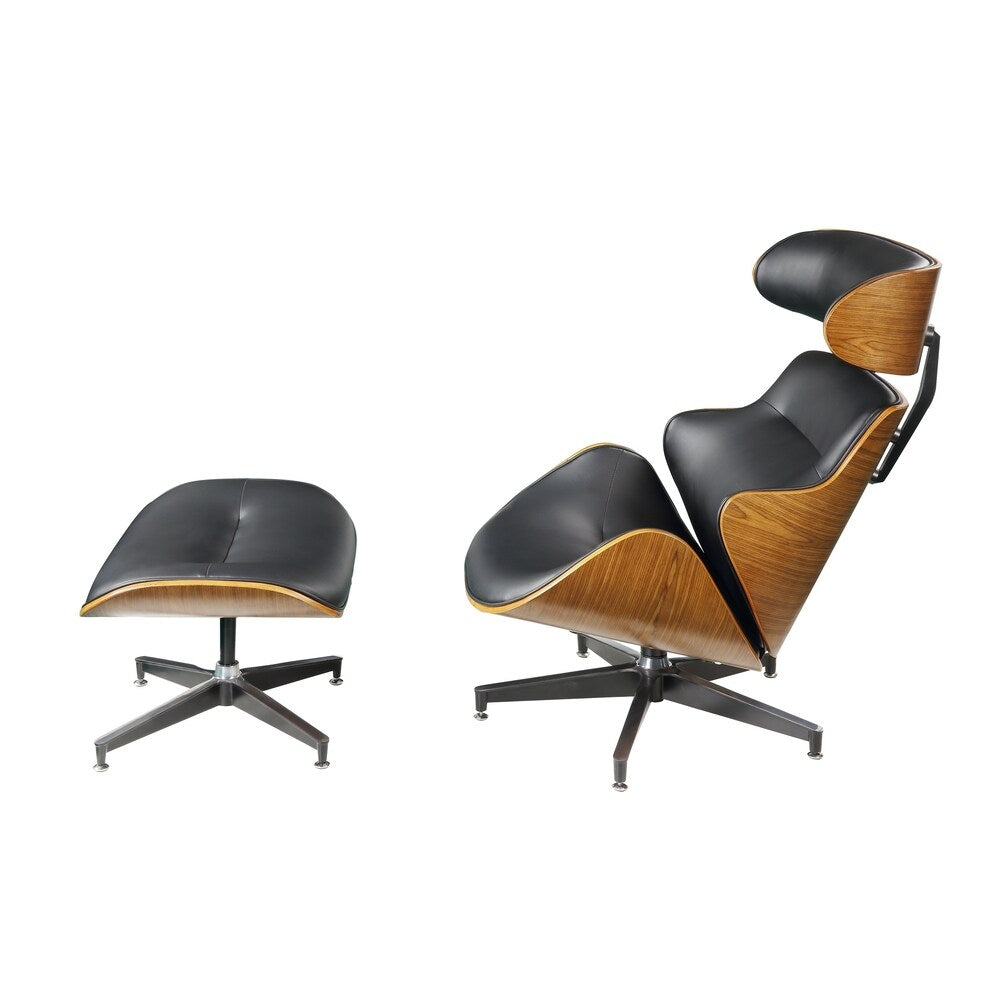 ACME Herne 2 Pieces Pack Chair and Ottoman, Black Bonded Leather and Walnut