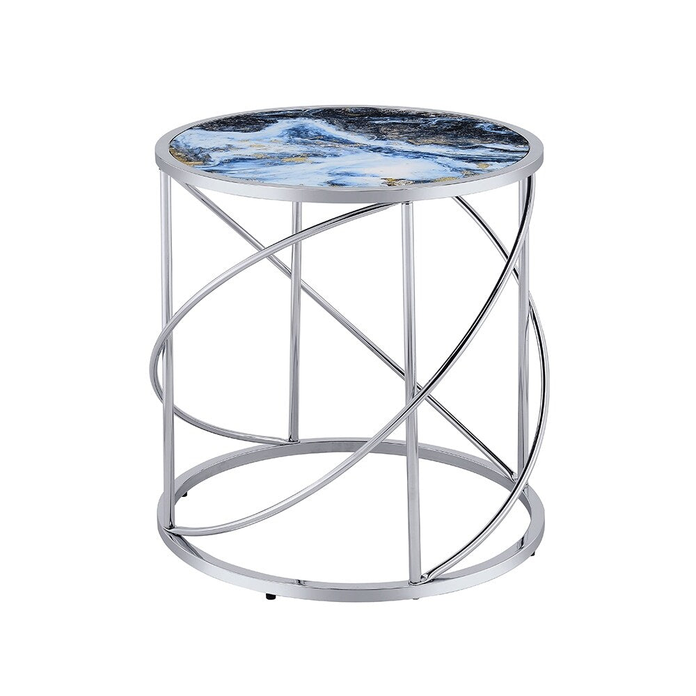 ACME Lyda End Table, Blue Marble Print & Chrome Finish
