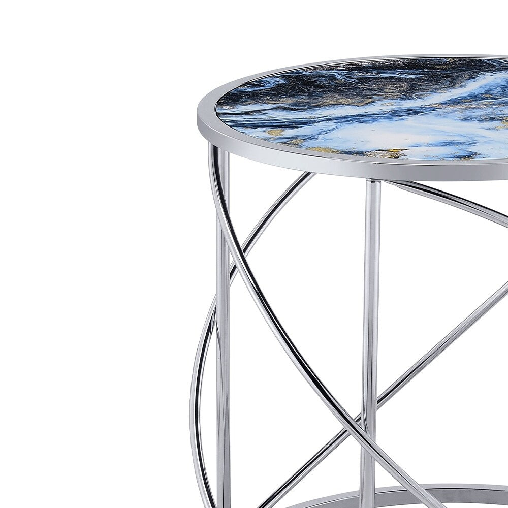 ACME Lyda End Table, Blue Marble Print & Chrome Finish