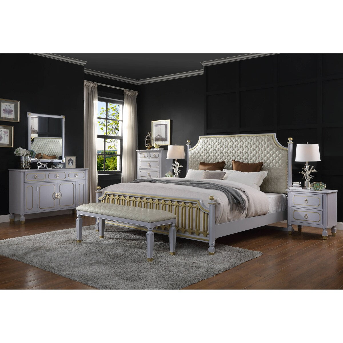 ACME Marchesa Eastern King Bed in Beige Leather & Pearl White Finish