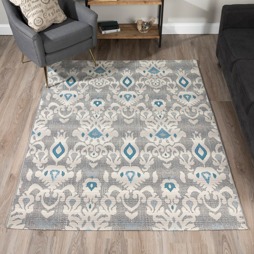 3' X 5' Blue and Gray Damask Indoor Outdoor Area Rug
