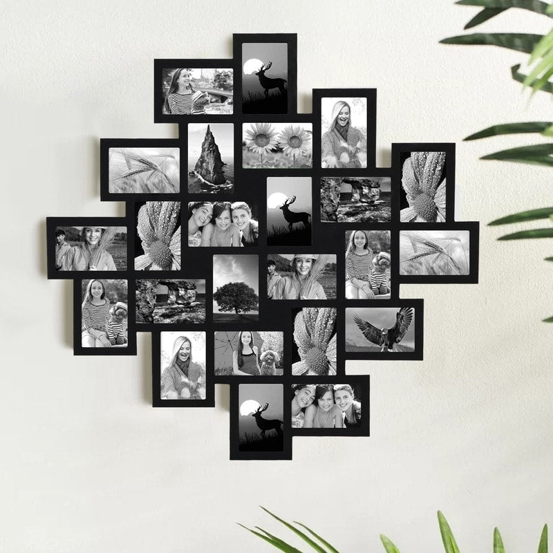 ADECO 24pcs Photo Frame Opening Black Wood Wall Hanging Collage Clustered