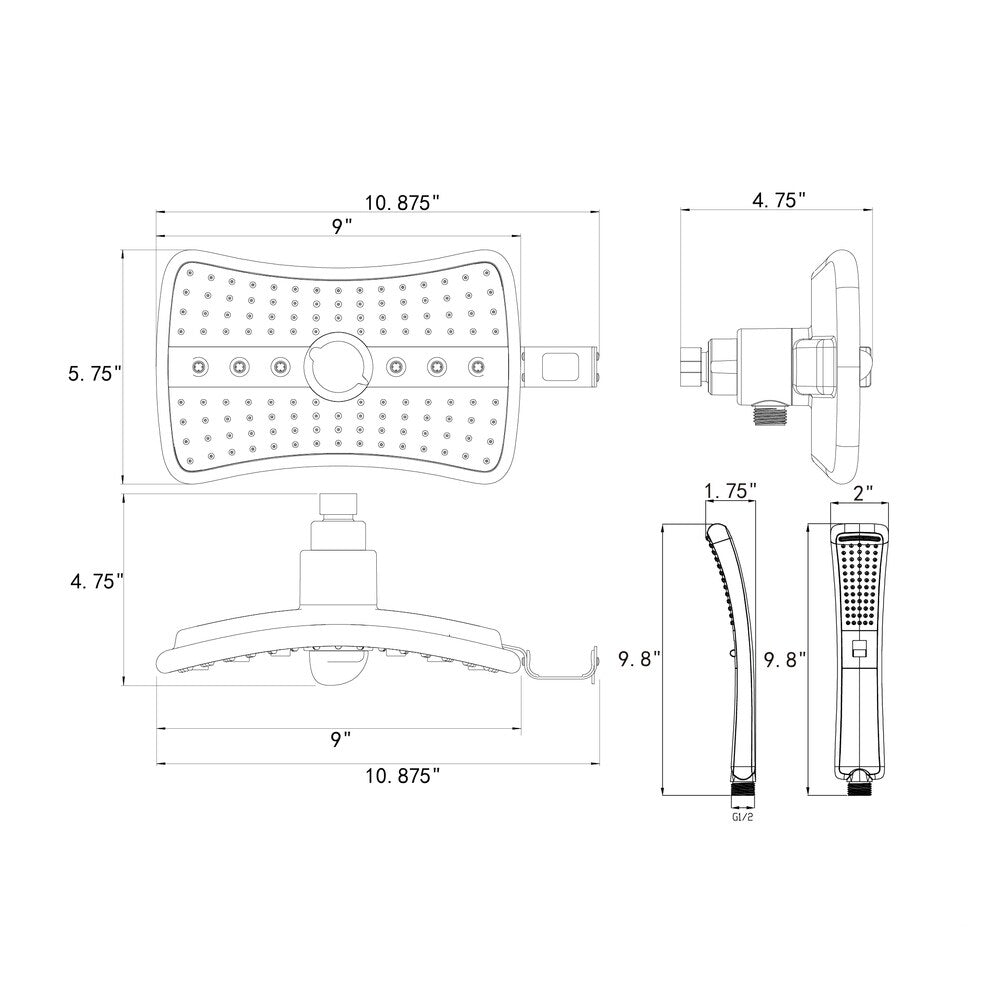 AKDY SH0104 9" Rectangular Shower Head with 4 Multi-Function Modes and Wand Combo in Oiled-Rubbed Bronze