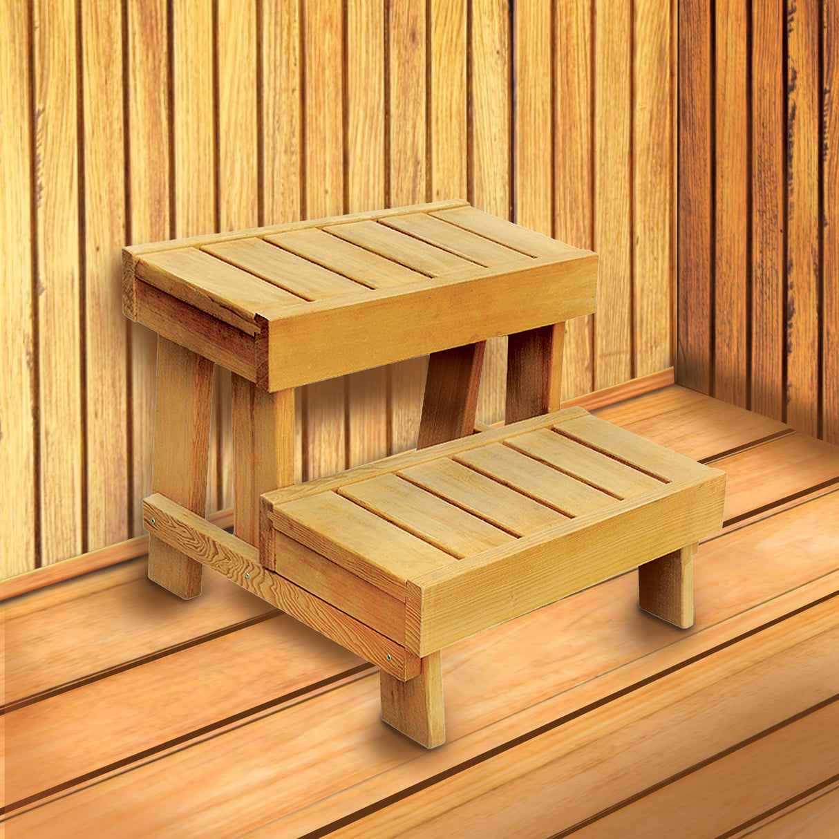ALEKO Hemlock Wood Sauna Step Stool Bench and Storage Shelf
