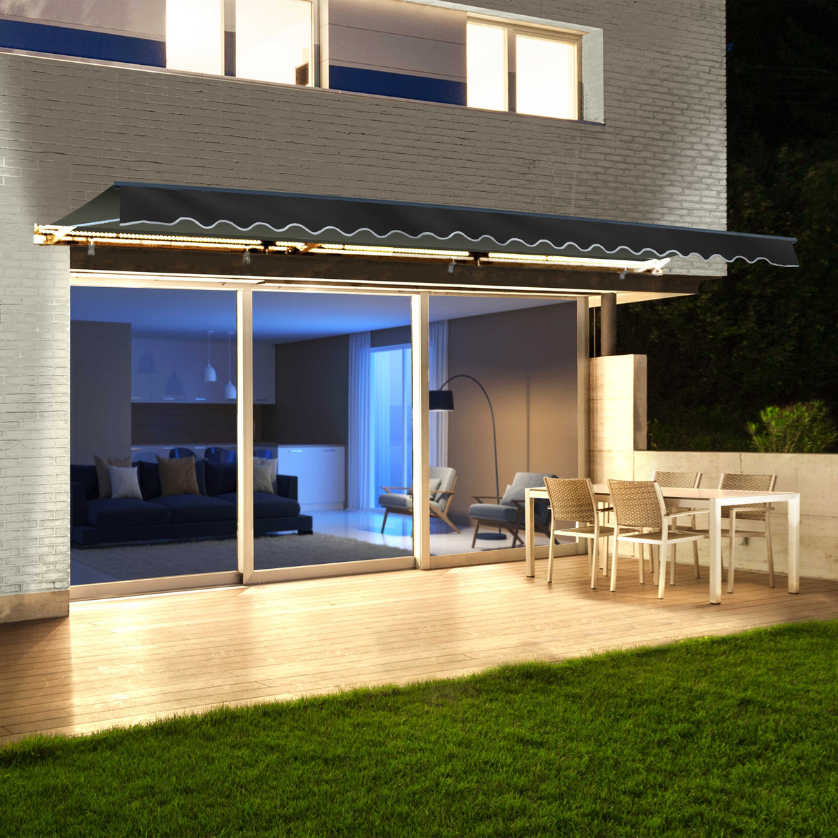 ALEKO Motorized LED 16 x 10 ft Semi-Cassette Retractable Awning Black - Moroccan Collection