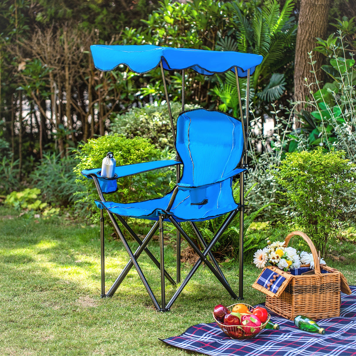 Camp Chairs with Shade Canopy Chair Folding Camping Recliner Support 350 LBS