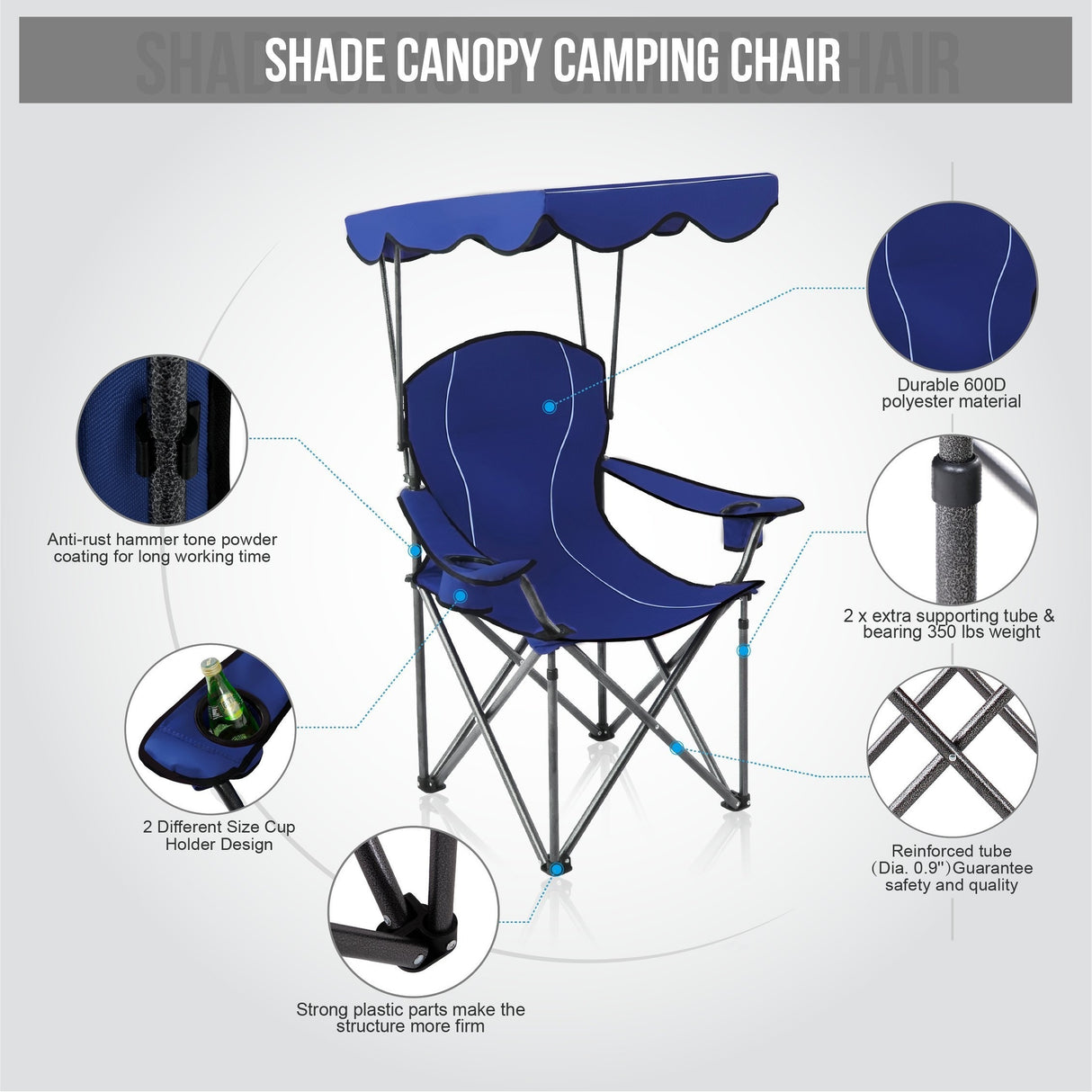 Camp Chairs with Shade Canopy Chair Folding Camping Recliner Support 350 LBS