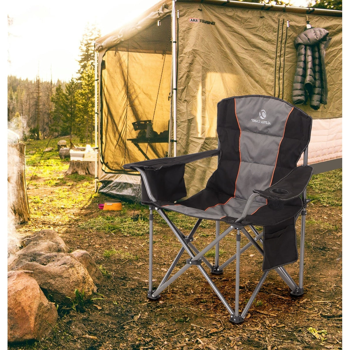 Oversized Camping Folding Chair Heavy Duty Support 450 LBS Steel Frame Collapsible Padded Arm Chair with Cup Holder