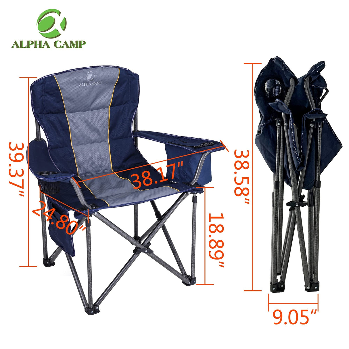 Oversized Camping Folding Chair Heavy Duty Support 450 LBS Steel Frame Collapsible Padded Arm Chair with Cup Holder