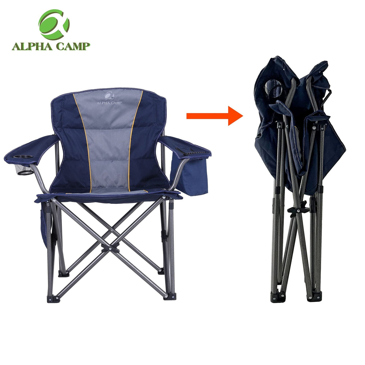 Oversized Camping Folding Chair Heavy Duty Support 450 LBS Steel Frame Collapsible Padded Arm Chair with Cup Holder