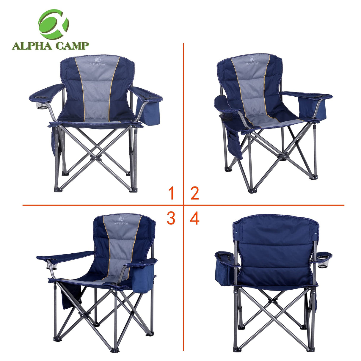 Oversized Camping Folding Chair Heavy Duty Support 450 LBS Steel Frame Collapsible Padded Arm Chair with Cup Holder