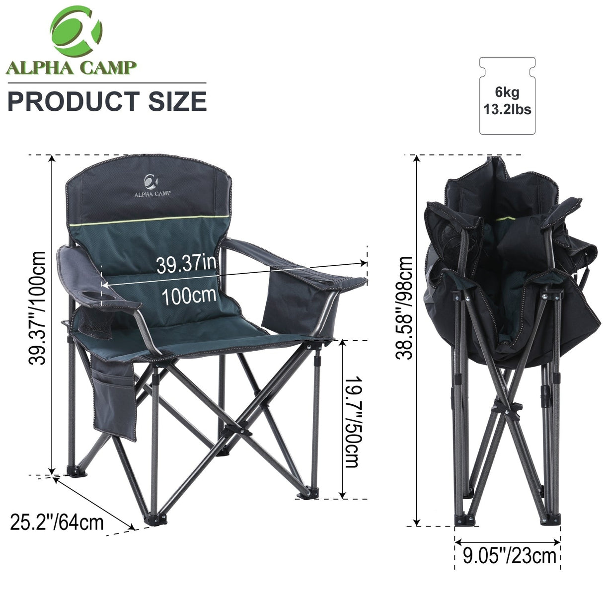Oversized Camping Folding Chair Heavy Duty Support 450 LBS Steel Frame Collapsible Padded Arm Chair with Cup Holder