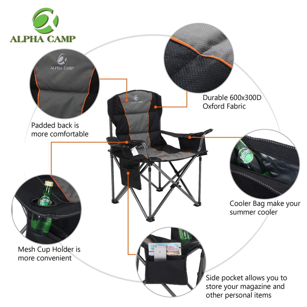 Oversized Camping Folding Chair Heavy Duty Support 450 LBS Steel Frame Collapsible Padded Arm Chair with Cup Holder