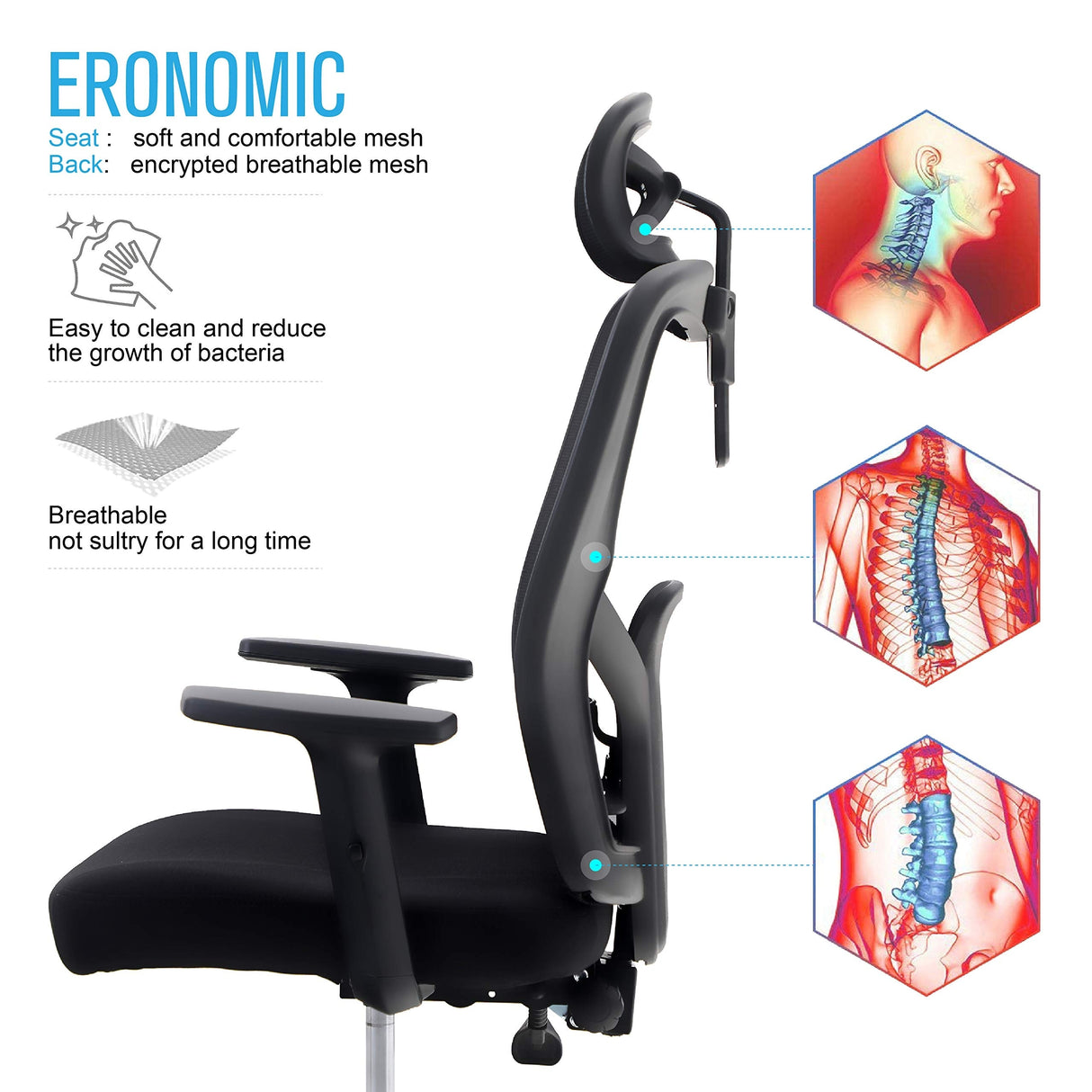 ALPHA HOME High Back Mesh Office Chair Adjustable Headrest, Armrest, Rolling Swivel Reclining Chair