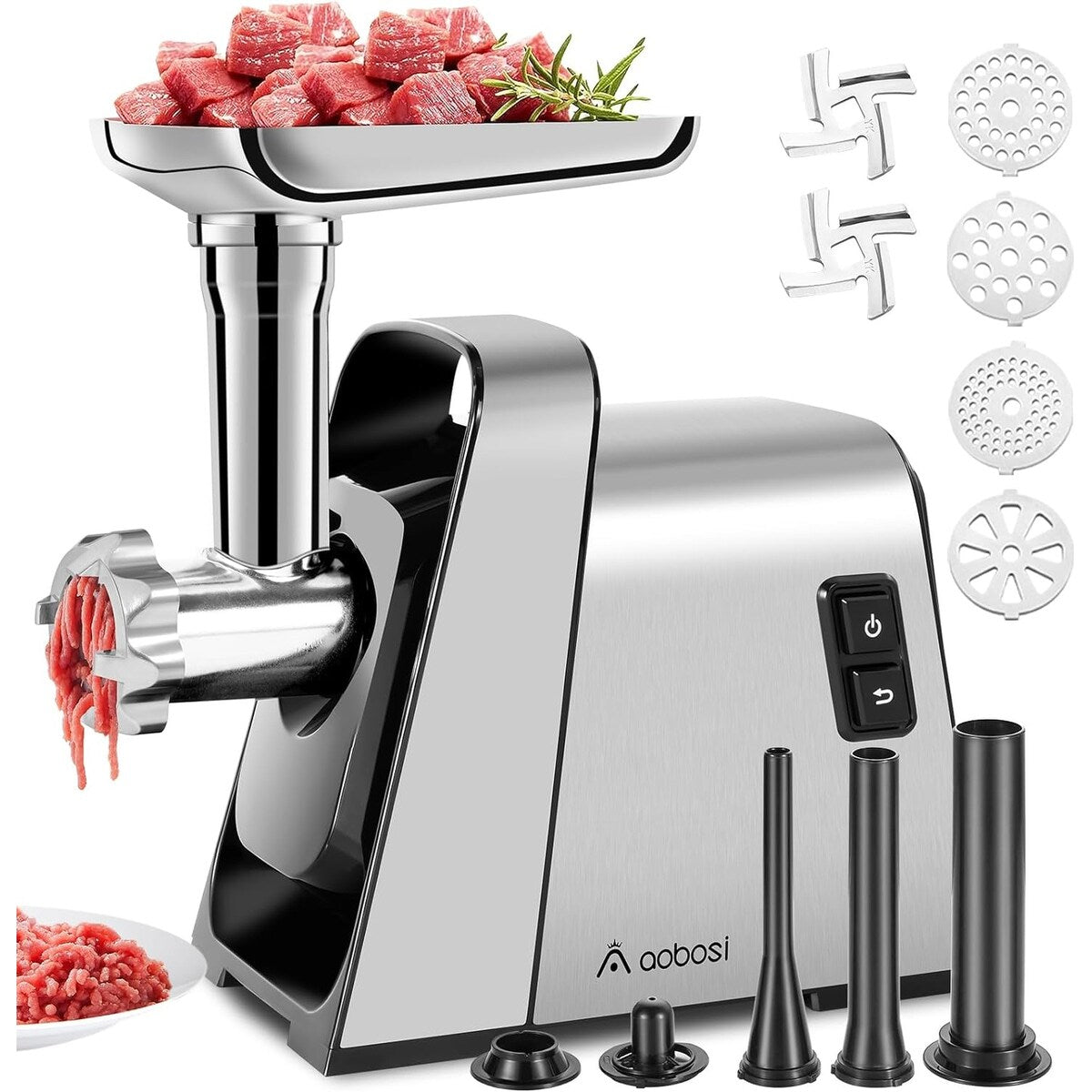 AOBOSI Meat Grinder Electric,with 2 Stainless Steel Blades & 4 Grinding Plates,Sausage Maker & Kibbe Kit for Home Kitchen