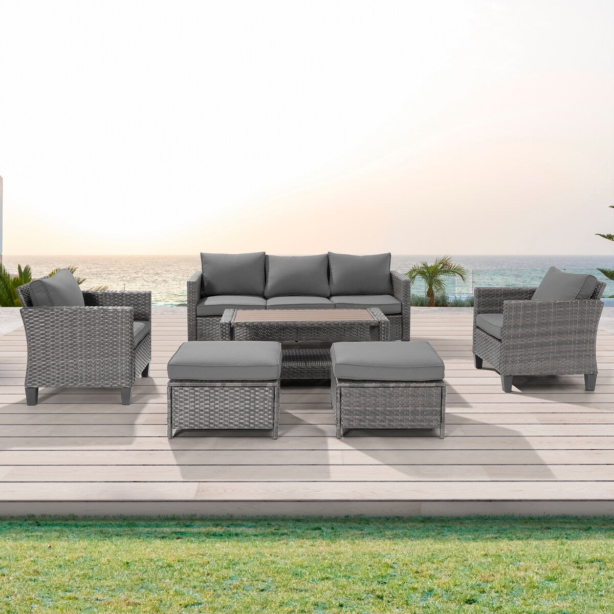 AOOLIMICS 6Pcs Outdoor Gray PE Wicker Furniture Wide Seat Conversation Sofa Set