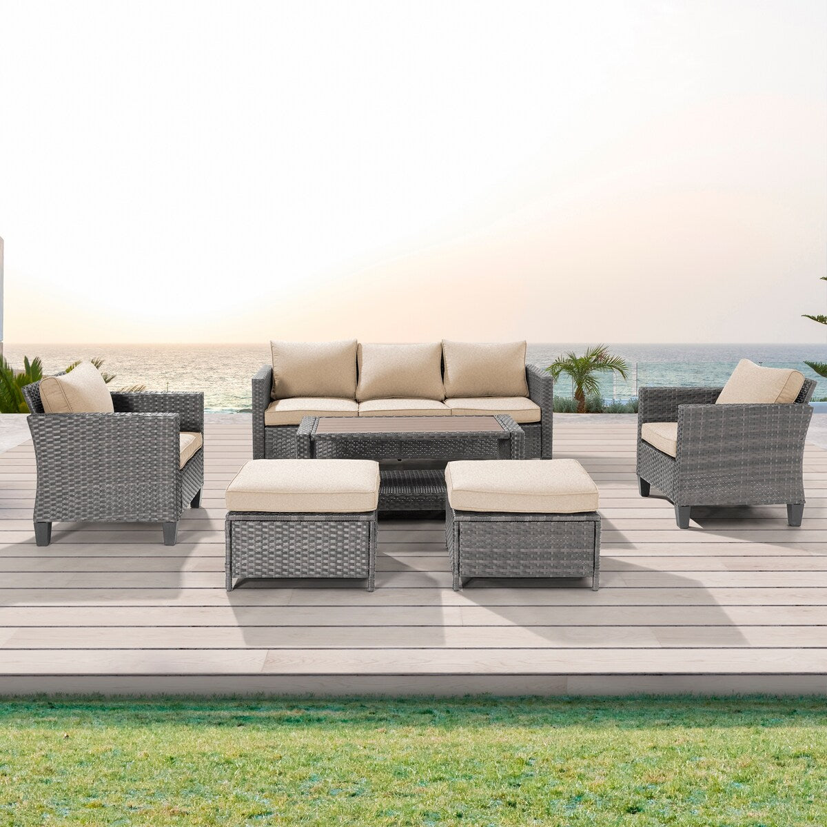 AOOLIMICS 6Pcs Outdoor Gray PE Wicker Furniture Wide Seat Conversation Sofa Set