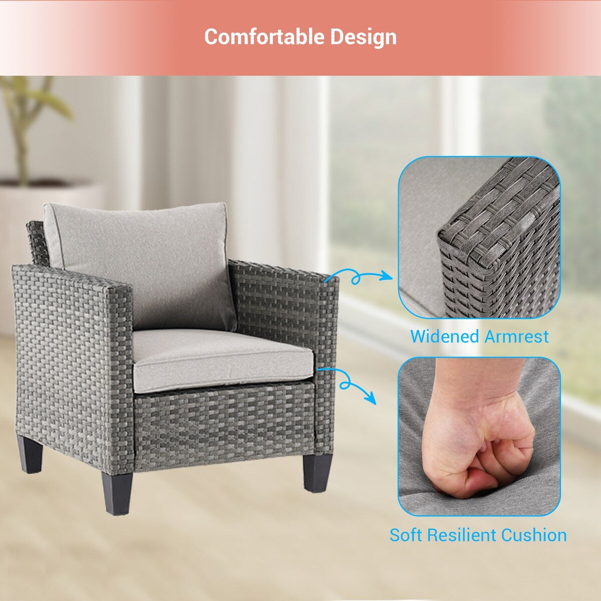 AOOLIMICS 6Pcs Outdoor Gray PE Wicker Furniture Wide Seat Conversation Sofa Set