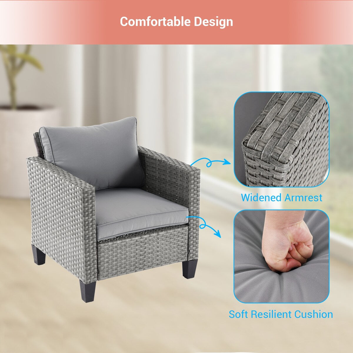 AOOLIMICS 6Pcs Outdoor Gray PE Wicker Furniture Wide Seat Conversation Sofa Set