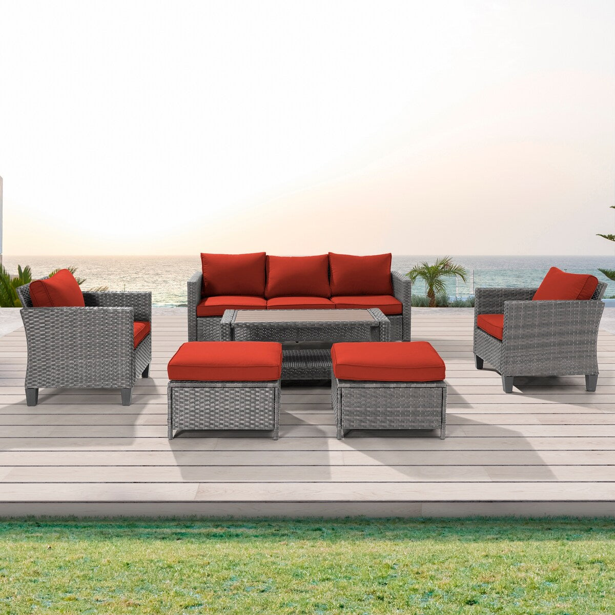 AOOLIMICS 6Pcs Outdoor Gray PE Wicker Furniture Wide Seat Conversation Sofa Set