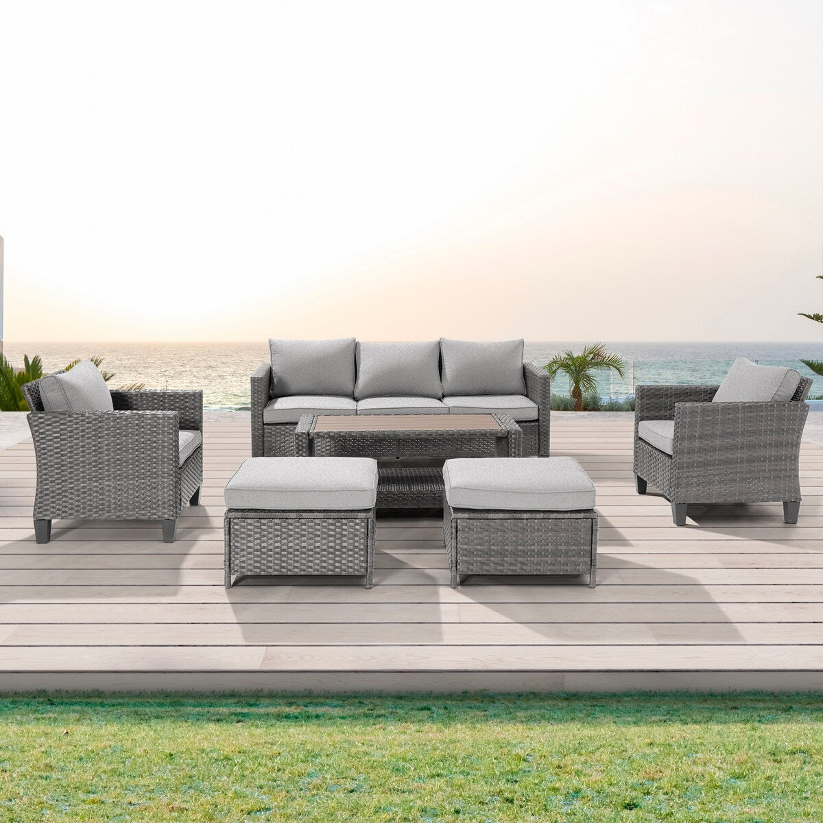AOOLIMICS 6Pcs Outdoor Gray PE Wicker Furniture Wide Seat Conversation Sofa Set