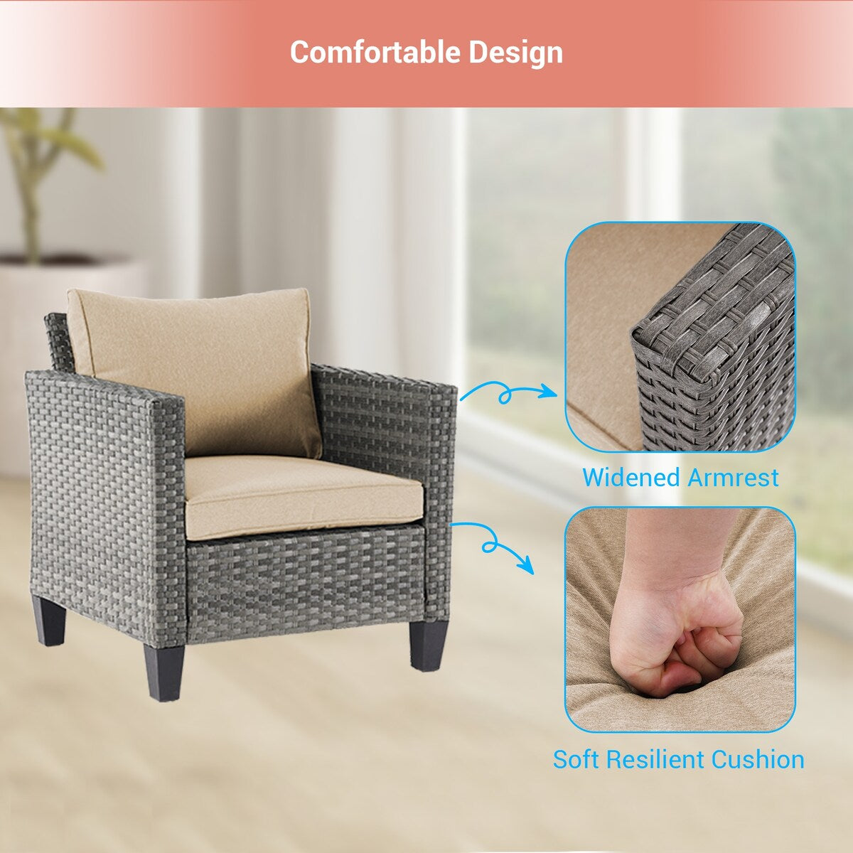 AOOLIMICS 6Pcs Outdoor Gray PE Wicker Furniture Wide Seat Conversation Sofa Set