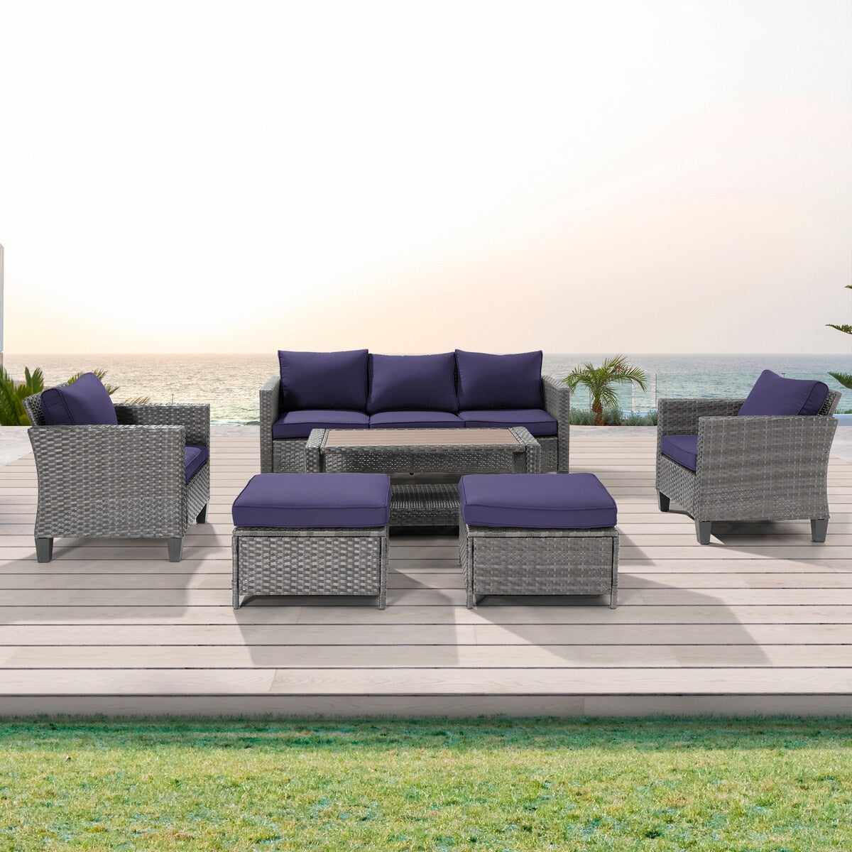 AOOLIMICS 6Pcs Outdoor Gray PE Wicker Furniture Wide Seat Conversation Sofa Set