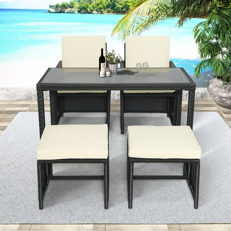 AOOLIVE 5-Piece Rattan Outdoor Patio Furniture Set with Beige Cushion