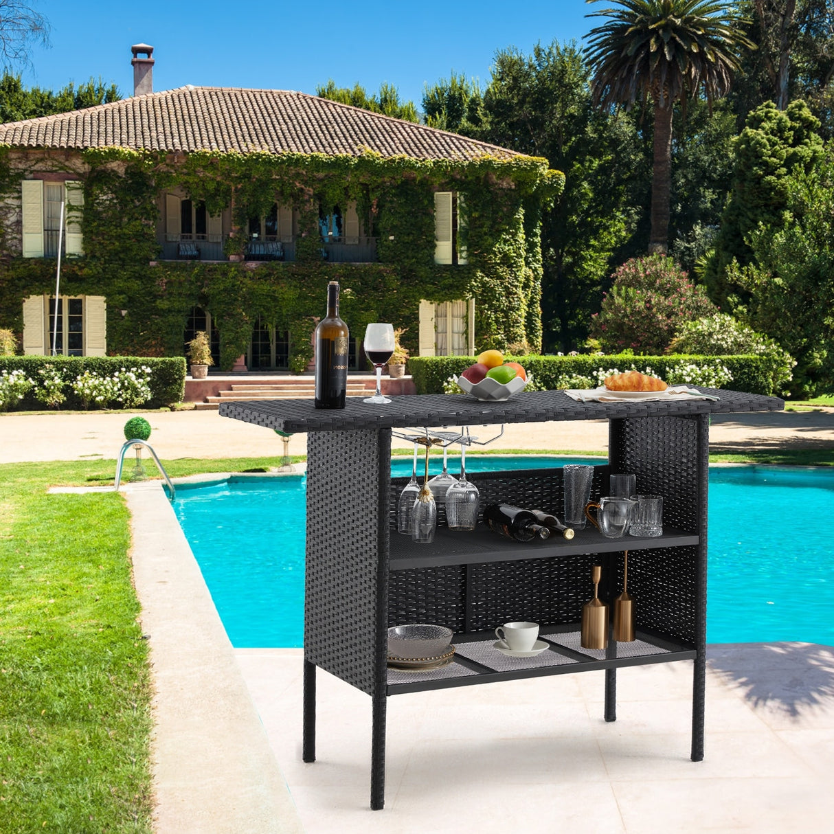 AVAWING Patio PE Wicker Bar Table Rattan Bar Counter Table