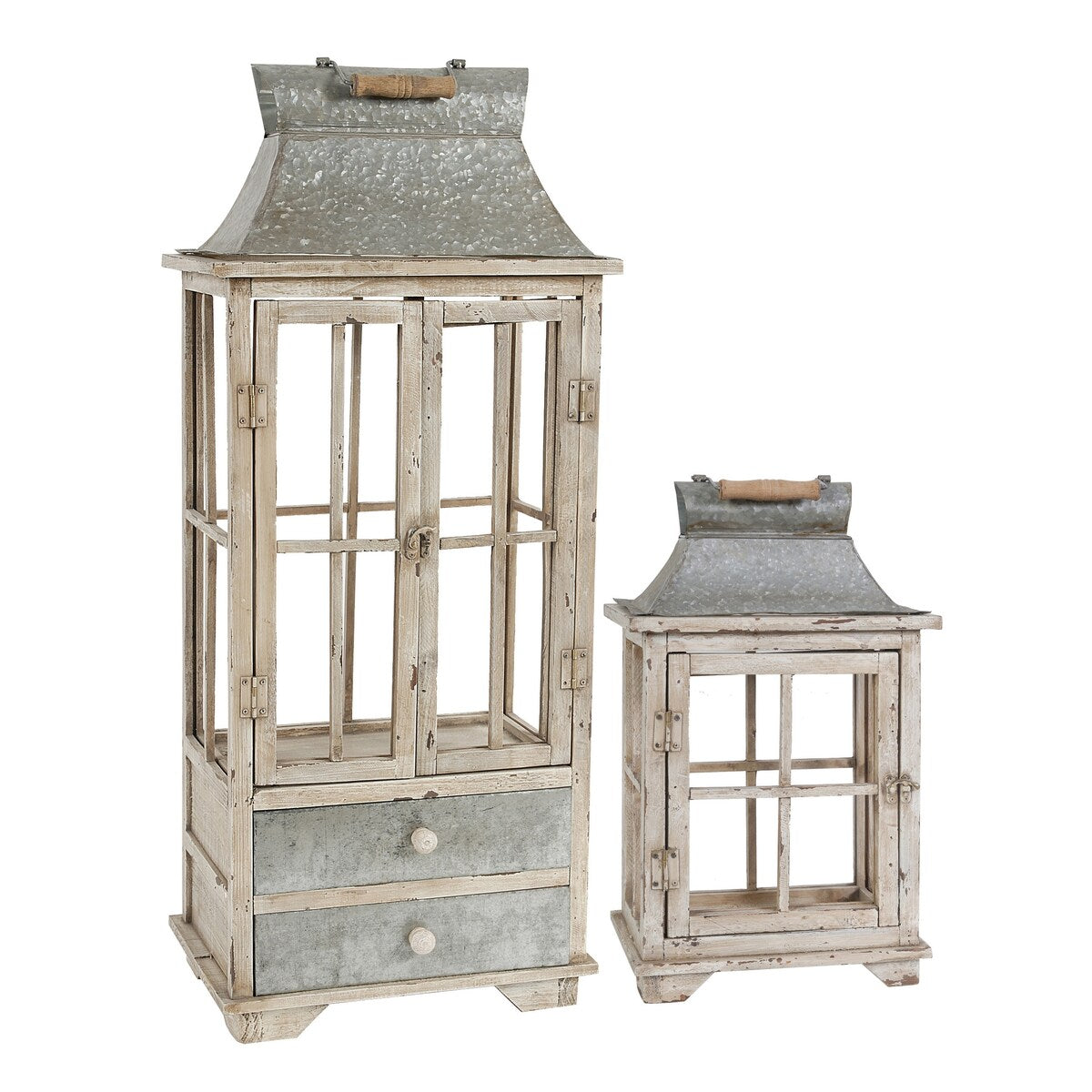 A&B Home Evelyn Silver and White Enclosed Lantern Set with Handle and Drawers (Set of 2)