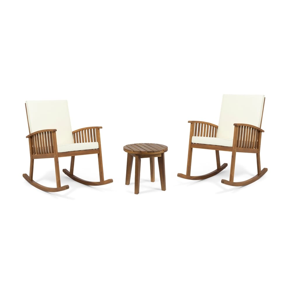 Abbottsford Outdoor 2 Seater Acacia Wood Rocking Chairs and Side Table Set by Christopher Knight Home